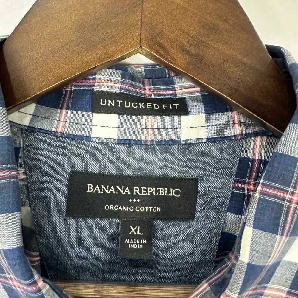 Banana Republic Men's Shirt XL Plaid Organic Cotton Untucked Preppy Quiet Luxury